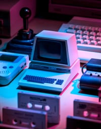 A nostalgic scene featuring various retro computing and gaming devices. The image includes an old personal computer with a monochrome monitor and keyboard, a vintage handheld game console, a classic joystick, and several audio cassette tapes. The scene is bathed in moody, neon lighting, creating a vibrant and atmospheric look reminiscent of the 1980s and early 1990s tech era.