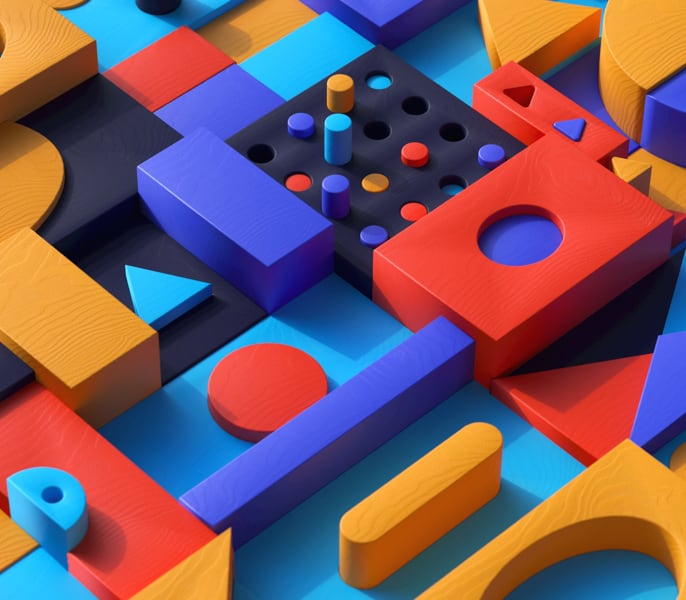 A vibrant and colorful arrangement of various wooden blocks in different shapes and sizes. The blocks are painted in bold hues of red, blue, yellow, and orange, and are placed on a black surface. Some blocks have cut-out shapes, while others have cylindrical pegs inserted into holes, creating a visually engaging and playful composition.